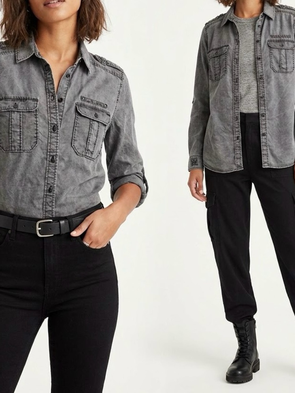 Express Boyfriend Fit Gray Washed Utility Metal Button-Down
